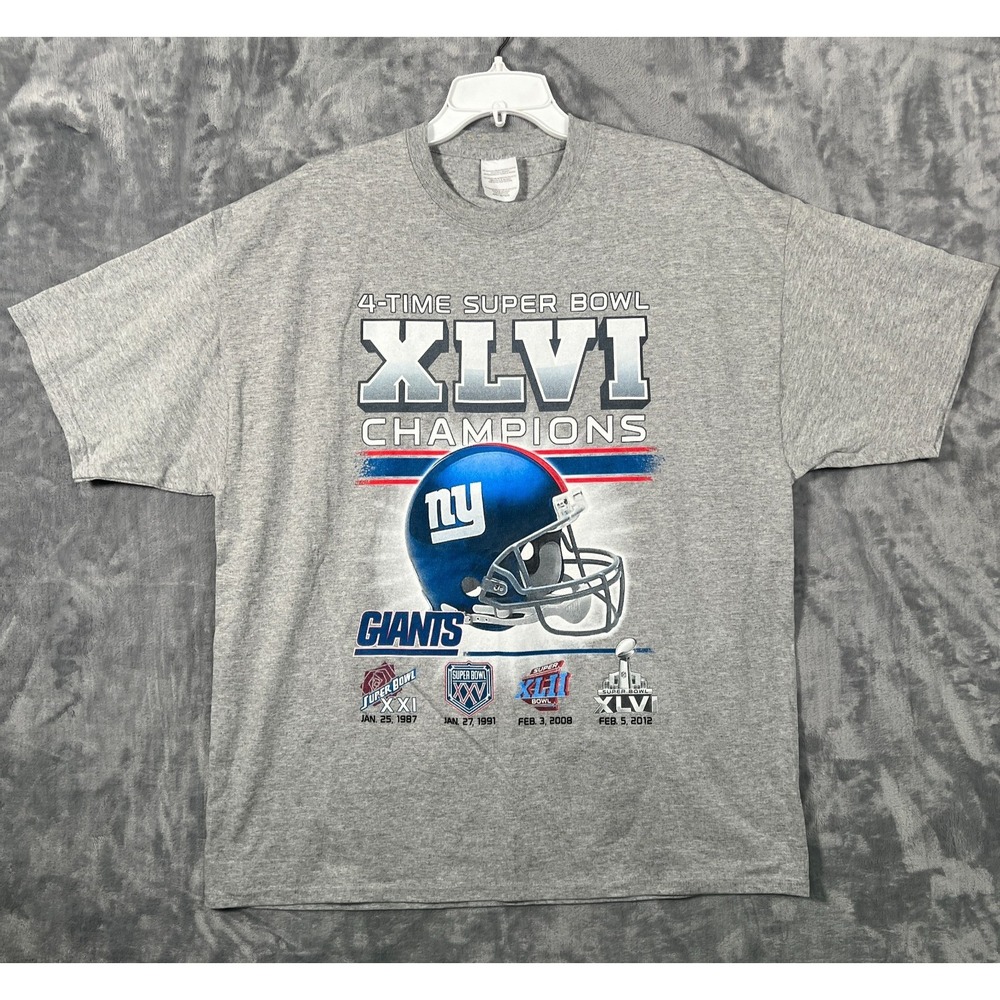 Vintage New York Giants T Shirt Mens XL Super Bowl XLVI 4 Time Champion Gray VTG